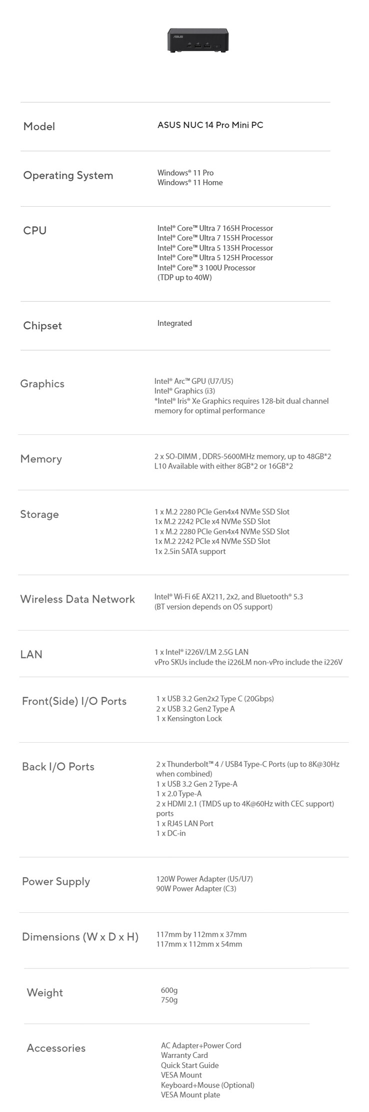 NUC 14 Pro+ specificatieblad (Afbeelding bron: Asus)