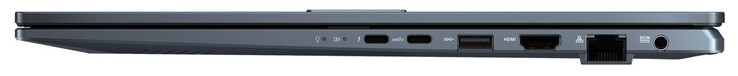 Rechterkant: Thunderbolt 4 (USB-C; stroomvoorziening, DisplayPort), USB 3.2 Gen 2 (USB-C; stroomvoorziening), USB 3.2 Gen 1 (USB-A), HDMI, gigabit ethernet, stroomaansluiting
