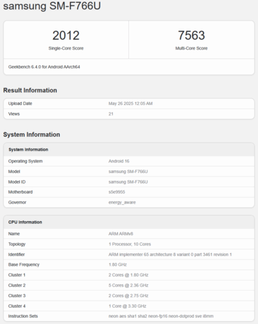 Exynos 2500 Geekbench listing met Galaxy Z Flip 7 (bron: Geekbench)
