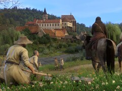 Een afbeelding van een kasteel en personages in Kingdom Come: Deliverance.