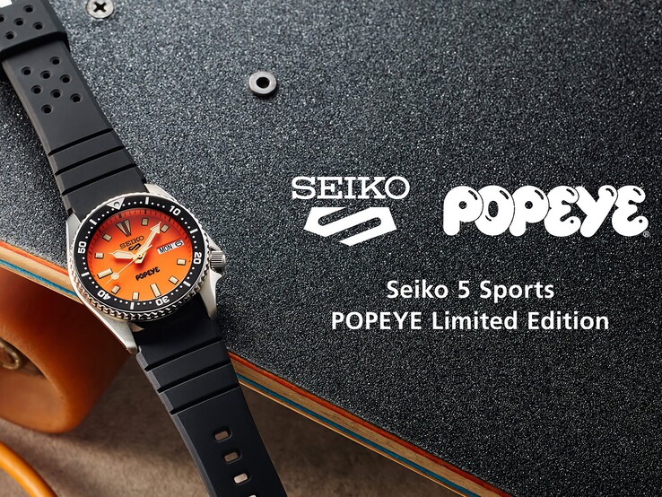 Alternatieve tekst: Een schuin aanzicht van de Seiko 5 Sports x Popeye HDB013, met de oranje wijzerplaat, de zwarte draaibare lunette en de roestvrijstalen kast.