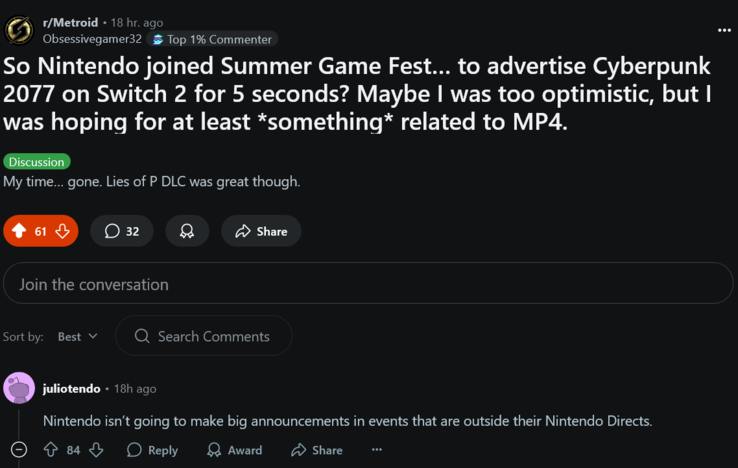 Summer Game Fest 2025 Nintendo fan reactie (Afbeelding bron: screenshot, Metroid subreddit)