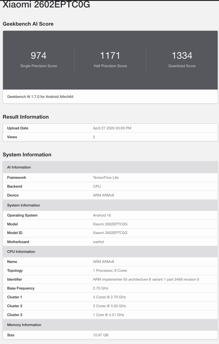 Geekbench listing onthult chipset details van de Xiaomi 17T Pro.