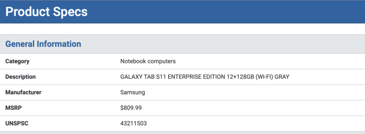Lijst van de Galaxy Tab S11 Enterprise Edition. (Afbeeldingsbron: SHI)