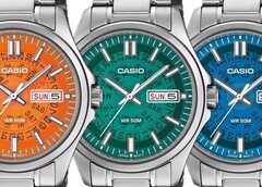 Drie Casio MTP-E740-horloges in oranje, blauwgroen en felblauw, naast elkaar afgebeeld met doorschijnende wijzerplaten waardoor de onderliggende dag- en datumwielen zichtbaar zijn.