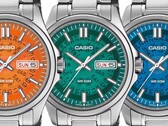 Drie Casio MTP-E740-horloges in oranje, blauwgroen en felblauw, naast elkaar afgebeeld met doorschijnende wijzerplaten waardoor de onderliggende dag- en datumwielen zichtbaar zijn.