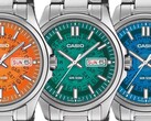 Drie Casio MTP-E740-horloges in oranje, blauwgroen en felblauw, naast elkaar afgebeeld met doorschijnende wijzerplaten waardoor de onderliggende dag- en datumwielen zichtbaar zijn.
