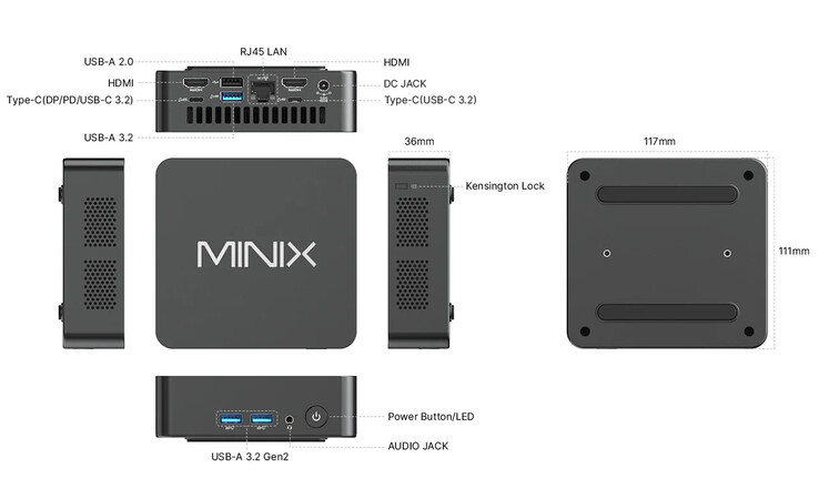 Ontwerp en poortconfiguratie van de NUC150 (Afbeelding bron: Minix)