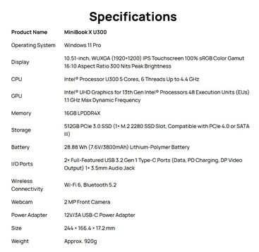 Volledige specificaties van de MiniBook X U300