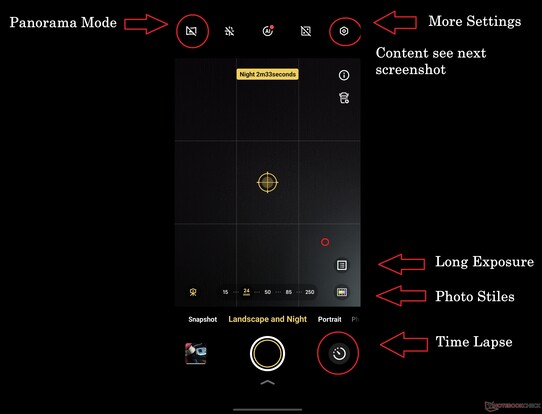 De Landschap- en Nachtmodi bevatten een verscheidenheid aan verschillende functies, helaas nogal willekeurig verdeeld.