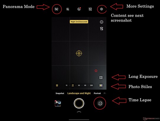 De Landschap- en Nachtmodi bevatten een verscheidenheid aan verschillende functies, helaas nogal willekeurig verdeeld.