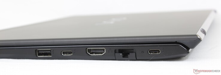 Rechts: USB-A 3.1, 2x USB-C met Thunderbolt 4 + DP + PD, HDMI 2.0, Gigabit RJ-45