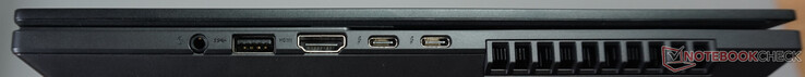 Poorten aan de rechterkant: headset, USB-A (5 Gbit/s), HDMI 2.1 FRL, twee Thunderbolt 4