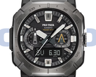 De Casio Pro Trek PRW-B1000-1 (afbeelding) heeft een donkergrijze roestvrijstalen lunette en een zwarte wijzerplaat met zilveren accenten. (Afbeeldingsbron: Casio - Bewerkt)