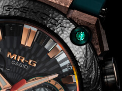 Een close-up van de bezel op de Casio MRG-B2000KT-3A (afbeelding), met het smaragdgroen in de hoek. (Afbeeldingsbron: Casioblog)