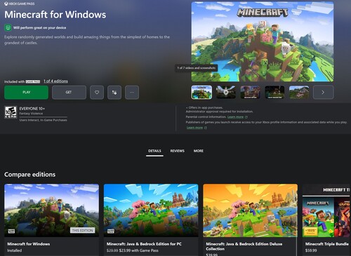 Minecraft-versies op Xbox Game Pass worden getoond