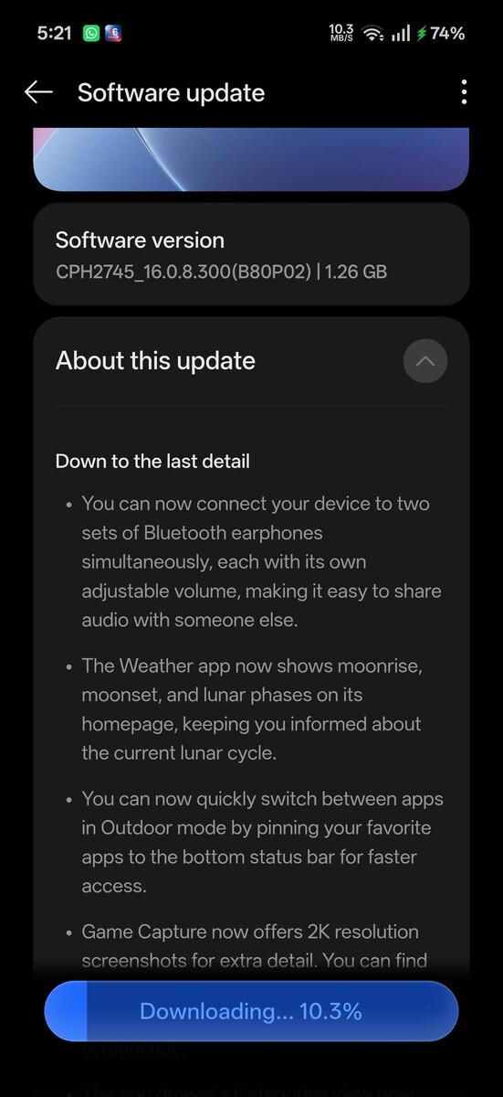 De OTA-update voor OxygenOS 16.0.8.300 wordt gedownload op een OnePlus 15