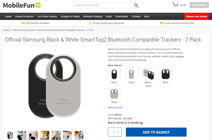 De vermeende nieuwe verkooppagina van de Galaxy SmartTag 2. (Bron: Mobile Fun)