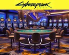 Cyberpunk 2077-logo afgebeeld boven futuristisch casino (bron: Rockstar Games met bewerkingen)