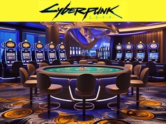 Cyberpunk 2077-logo afgebeeld boven futuristisch casino (bron: Rockstar Games met bewerkingen)