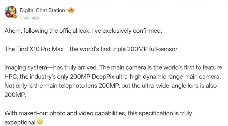 Het Weibo-bericht van Digital Chat Station met details over de resoluties van de camerasensoren (machinaal vertaald)
