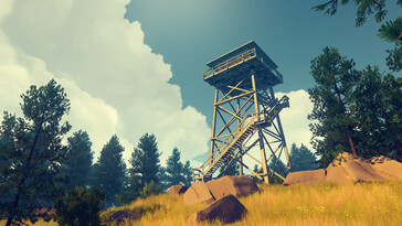 Afbeelding uit het spel Firewatch met een uitkijktoren. (Afbeeldingsbron: Steam)