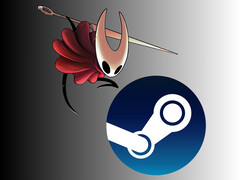 Hornet uit Hollow Knight: Silksong boven Steam-logo (Afbeelding bron: Team Cherry, Steam, met bewerkingen)