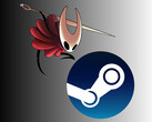 Hornet uit Hollow Knight: Silksong boven Steam-logo (Afbeelding bron: Team Cherry, Steam, met bewerkingen)
