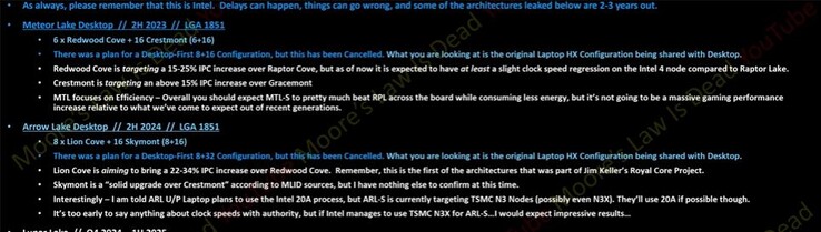 Intel Meteor Lake en Arrow Lake informatie. (Bron: MLID)