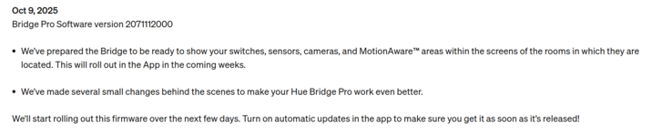De release notes voor de eerste Philips Hue Bridge Pro update. (Afbeeldingsbron: Philips Hue)
