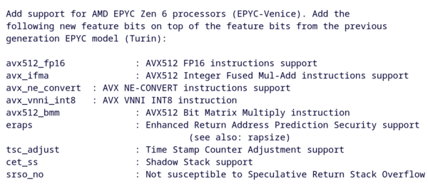 Het commitbericht van de QEMU-patch van Ben Cheatham, waarin de nieuwe functies worden opgesomd die voor Epyc-Venice zijn toegevoegd.