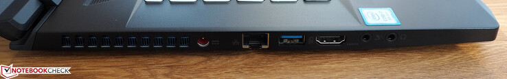 Linkerkant: stroomaansluiting, RJ45-LAN, USB-A 3.0, HDMI, microfoon, koptelefoon