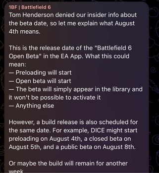 1BF reactie op Tom Henderson over Battlefield 6 open beta starttijd (Afbeelding bron: GamingLeaksandRumours subreddit, 1BF Telegram kanaal)