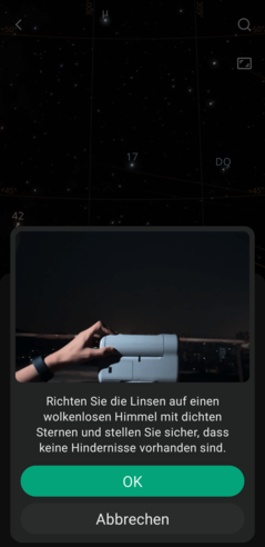 Voordat de telescoop aan zijn automatische kalibratie begint, geeft de app duidelijke stap-voor-stap instructies (Afbeeldingsbron: Screenshot Marc Zander / Notebookcheck)