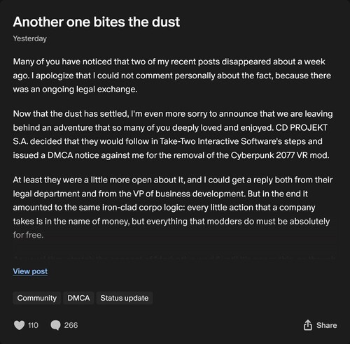 Luke Ross Patreon post over Cyberpunk 2077 VR mod takedown (Afbeeldingsbron: screenshot, Luke Ross Patreon)