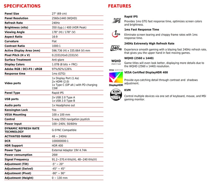 MSI Optix MAG274QRX - Specificaties. (Bron: MSI)