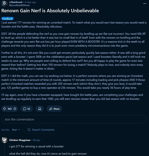 Rainbow Six Siege X in-game valuta veranderingen (Afbeelding bron: screenshot, Rainbow Six subreddit)