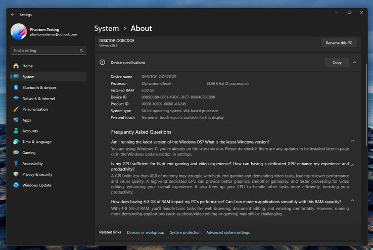 Een screenshot van Windows 11 dev build met een FAQ-sectie toegevoegd onder uw systeemhardware-informatie. (Afbeeldingsbron: @phantomofearth.bsky.social)