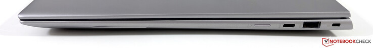 Rechts: microSD-lezer, USB-C 3.2 Gen.2 (10 GBit/s, DisplayPort-ALT 1.4), USB-A 3.2 Gen.1 (5 GBit/s), Kensington-slot