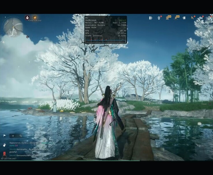 Where Winds Meet Mobile draait op de M5 iPad Pro met prestatie-overlay die de resolutie en framerate toont (Afbeelding bron: Dame Tech via YouTube)