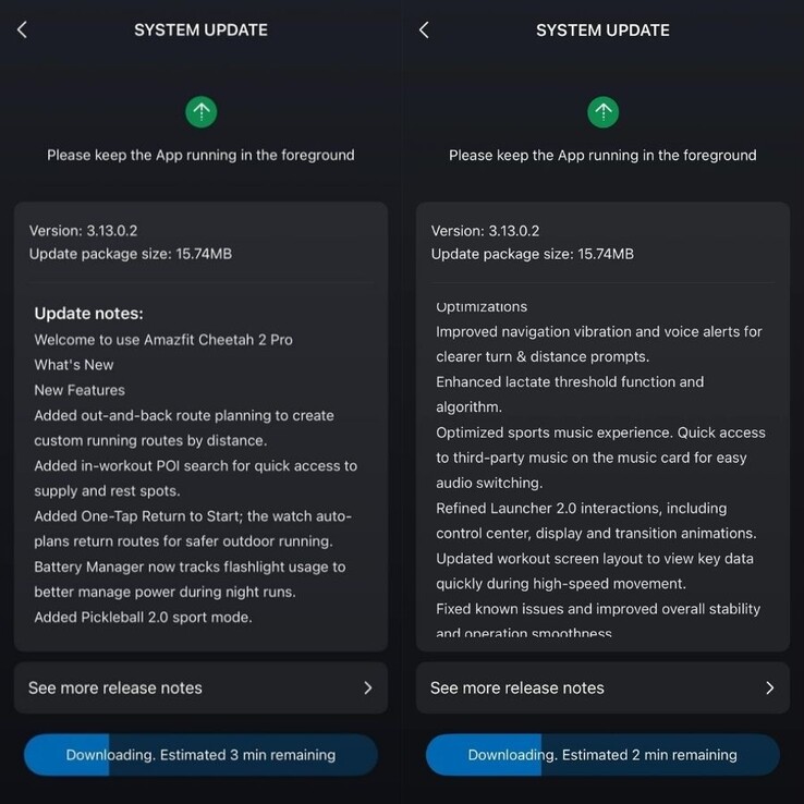 De releaseopmerkingen voor Amazfit Cheetah 2 Pro fw 3.13.0.2