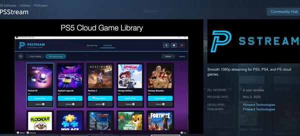 PSStream PS5 Game Library functie getoond (Afbeelding bron: screenshot, Steam, PSStream met bewerkingen)