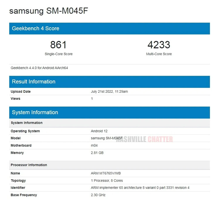 Een potentieel betaalbaar-klasse Galaxy M toestel lekt uit op Geekbench. (Bron: Geekbench via NashvilleChatter)