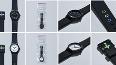Zwart-witte FamilyMart-polshorloges, mede ontwikkeld met Citizen Watch, afgebeeld met details van de verpakking en de horlogebandjes.