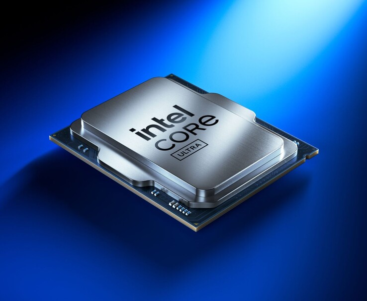 Intel Core Ultra processor op een blauwe gradiënt achtergrond, die het slanke metalen ontwerp en de ingebouwde circuits laat zien. (Afbeeldingsbron: Intel)