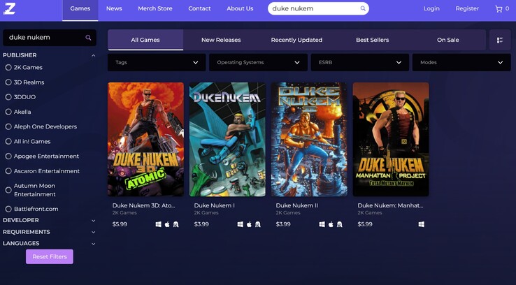 Zoom Platform Duke Nukem retro spellen te koop (Beeldbron: screenshot, Zoom Platform)