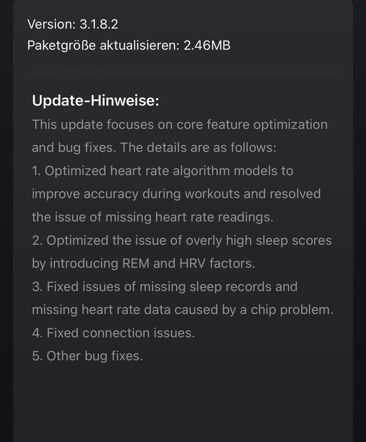 De release notes voor versie 3.1.8.2 voor de Amazfit Helio Strap. (Afbeeldingsbron: u/Realistic_Tell_533 via Reddit)