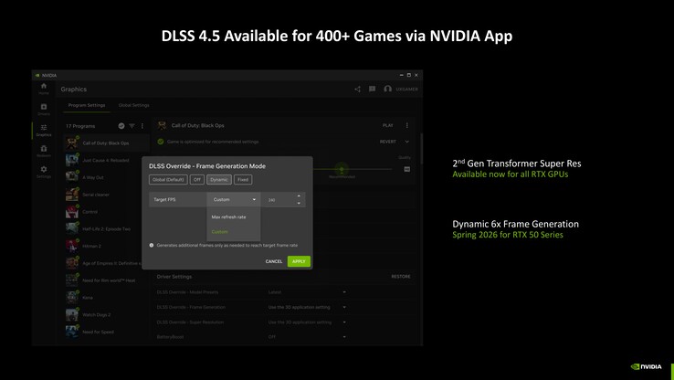 DLSS 4.5 met 2e generatie Transformer kan direct worden ingeschakeld via de Nvidia-app voor alle RTX GPU's. (Afbeelding Bron: Nvidia)