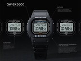 Het Casio G-Shock GW-BX5600-horloge wordt getoond met bijschriften die de nadruk leggen op het MIP-LCD-scherm, de twee lettertypestijlen, de Tough Solar-voeding, de Bluetooth-connectiviteit en de Multiband 6-radiogestuurde tijdweergave.