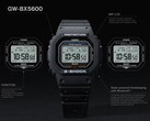 Het Casio G-Shock GW-BX5600-horloge wordt getoond met bijschriften die de nadruk leggen op het MIP-LCD-scherm, de twee lettertypestijlen, de Tough Solar-voeding, de Bluetooth-connectiviteit en de Multiband 6-radiogestuurde tijdweergave.